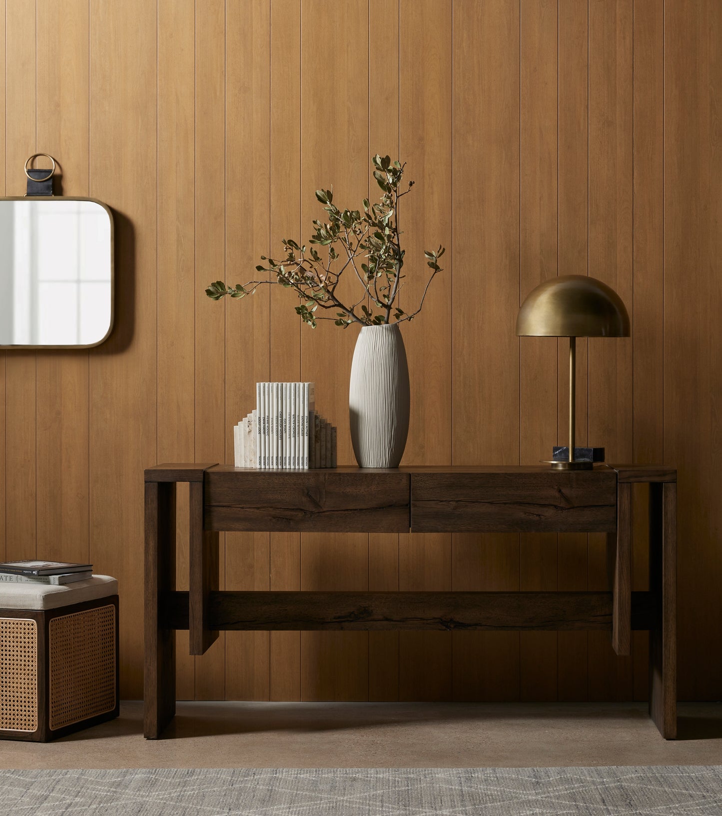 Bam Console Table-Rustic Fawn Veneer Console Table Four Hands     Four Hands, Burke Decor, Mid Century Modern Furniture, Old Bones Furniture Company, Old Bones Co, Modern Mid Century, Designer Furniture, https://www.oldbonesco.com/