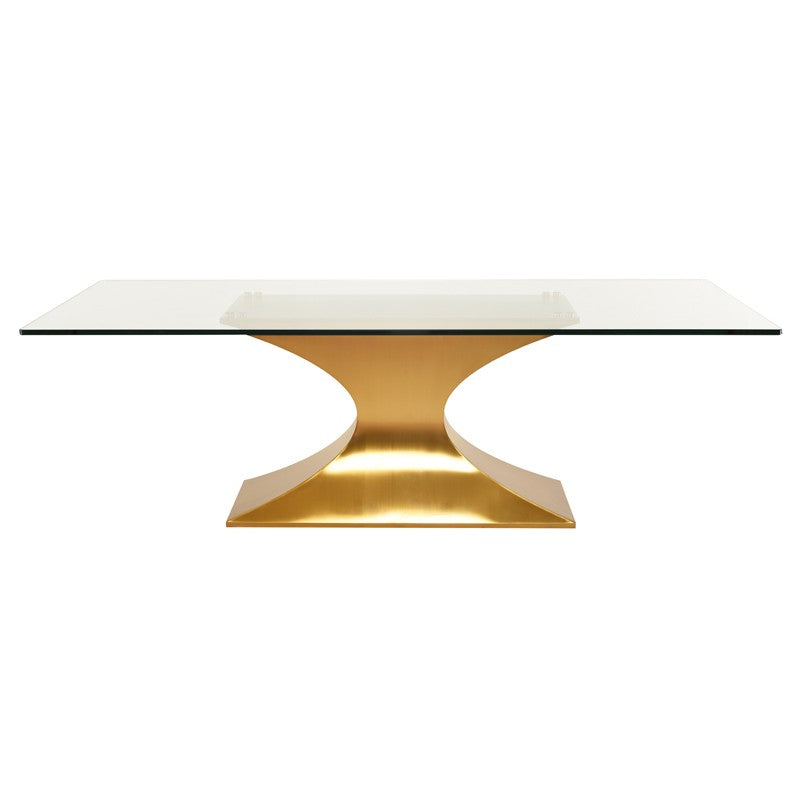 Load image into Gallery viewer, Praetorian Glass Dining Table Large 94&amp;quot; / Brushed Gold StainlessDining Table Nuevo  Large 94&amp;quot; Brushed Gold Stainless  Four Hands, Burke Decor, Mid Century Modern Furniture, Old Bones Furniture Company, Old Bones Co, Modern Mid Century, Designer Furniture, https://www.oldbonesco.com/
