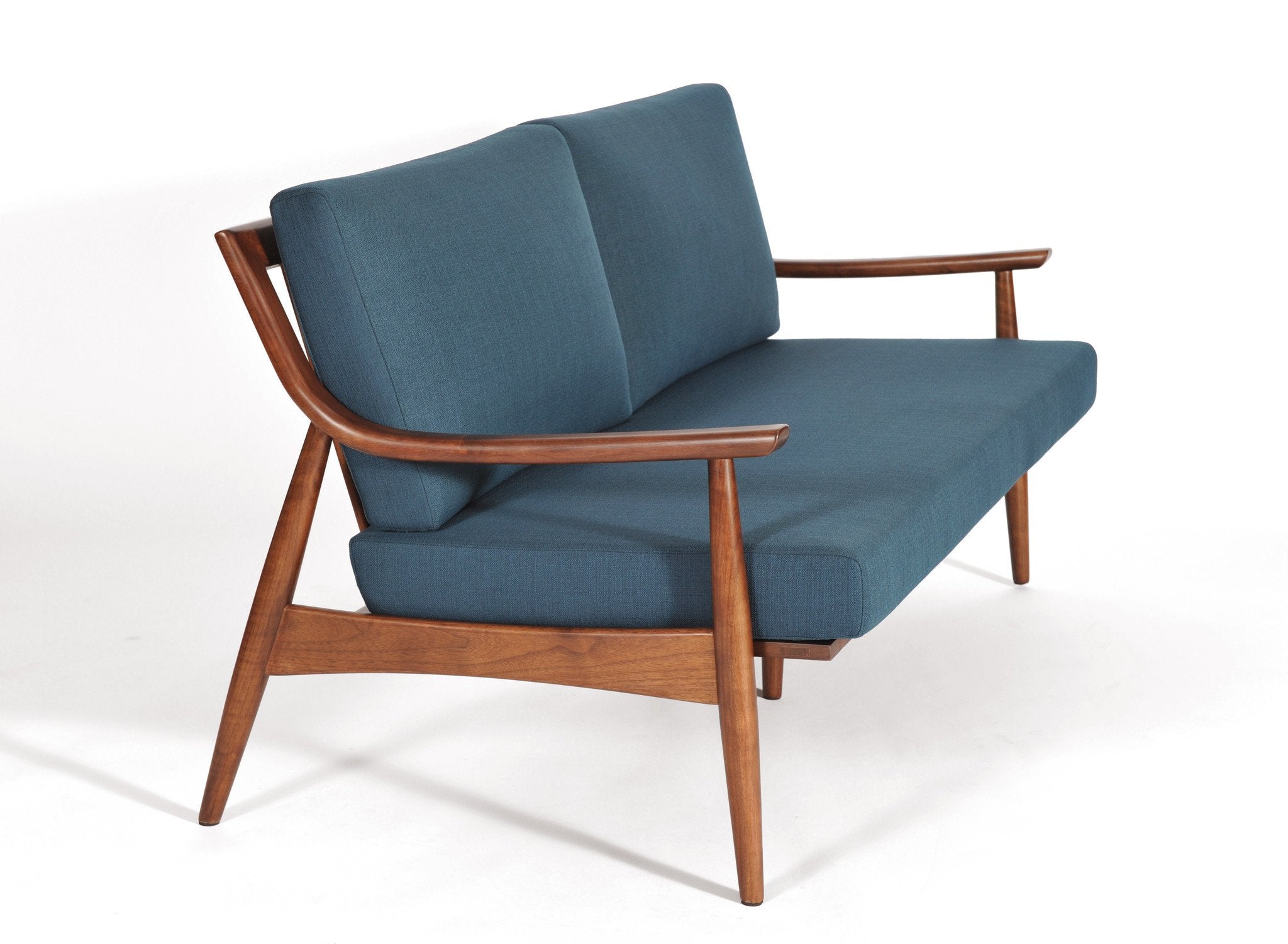 Adam Sofa, Medium Walnut 60" Long / Azure Blue Gingko Home Furnishings  60" Long Azure Blue  Four Hands, Burke Decor, Mid Century Modern Furniture, Old Bones Furniture Company, Old Bones Co, Modern Mid Century, Designer Furniture, https://www.oldbonesco.com/
