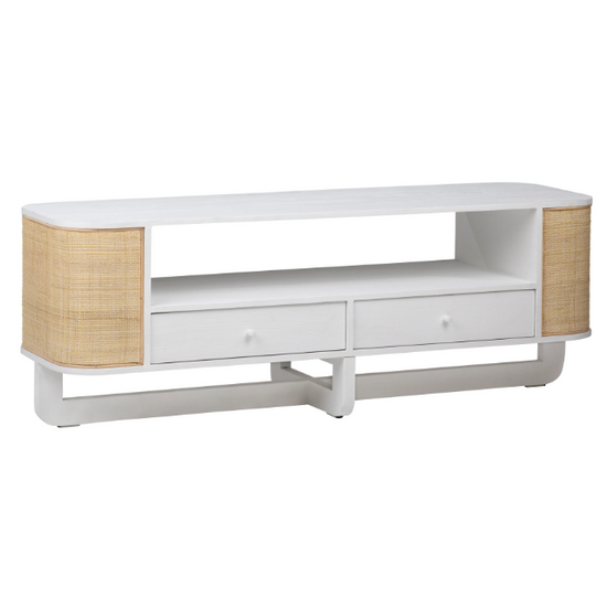 Benz Plasma Stand White Media Unit Dovetail     Four Hands, Mid Century Modern Furniture, Old Bones Furniture Company, Old Bones Co, Modern Mid Century, Designer Furniture, https://www.oldbonesco.com/