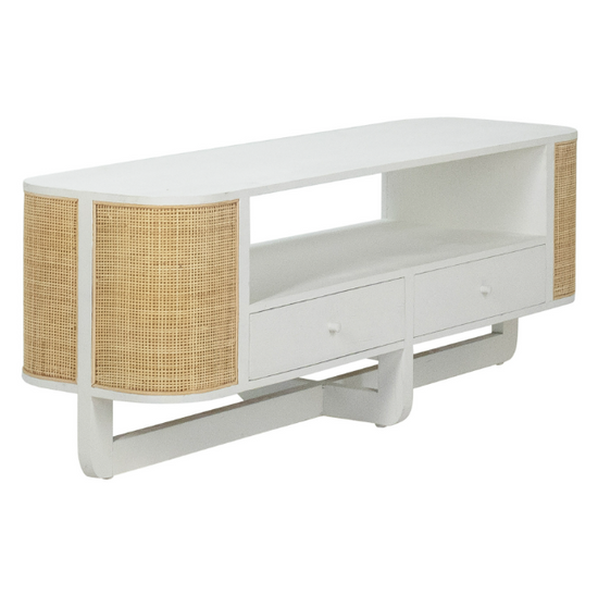 Benz Plasma Stand White Media Unit Dovetail     Four Hands, Mid Century Modern Furniture, Old Bones Furniture Company, Old Bones Co, Modern Mid Century, Designer Furniture, https://www.oldbonesco.com/