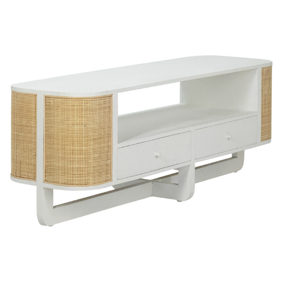 Load image into Gallery viewer, Benz Plasma Stand White Media Unit Dovetail     Four Hands, Mid Century Modern Furniture, Old Bones Furniture Company, Old Bones Co, Modern Mid Century, Designer Furniture, https://www.oldbonesco.com/
