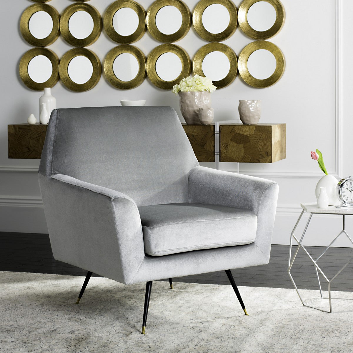Nynette Velvet Retro Mid Century Accent Chair Chair Safavieh     Four Hands, Burke Decor, Mid Century Modern Furniture, Old Bones Furniture Company, Old Bones Co, Modern Mid Century, Designer Furniture, https://www.oldbonesco.com/
