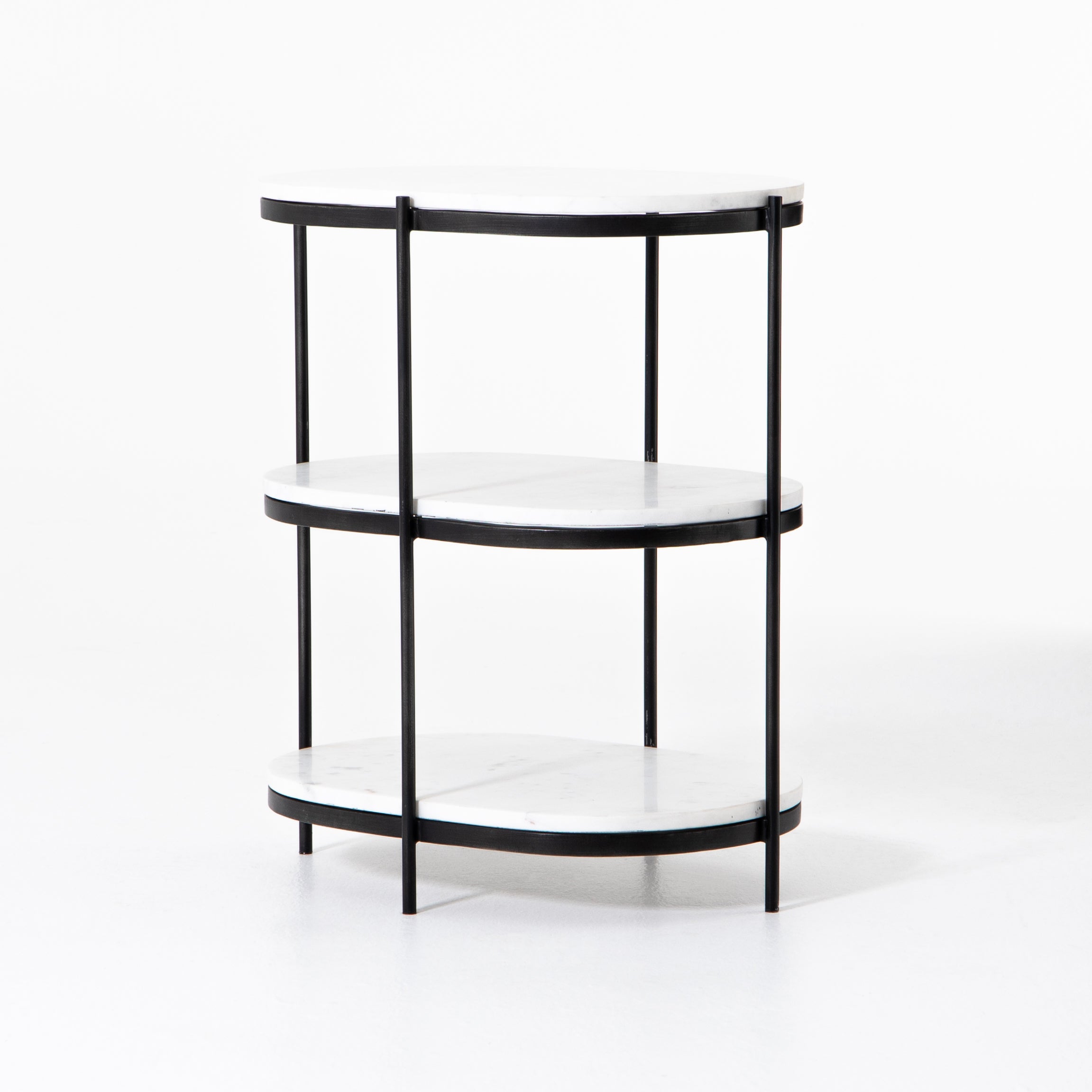 Felix Oval Nightstand Polished White Marble / Hammered GreyNightstands Four Hands  Polished White Marble Hammered Grey  Four Hands, Burke Decor, Mid Century Modern Furniture, Old Bones Furniture Company, Old Bones Co, Modern Mid Century, Designer Furniture, https://www.oldbonesco.com/