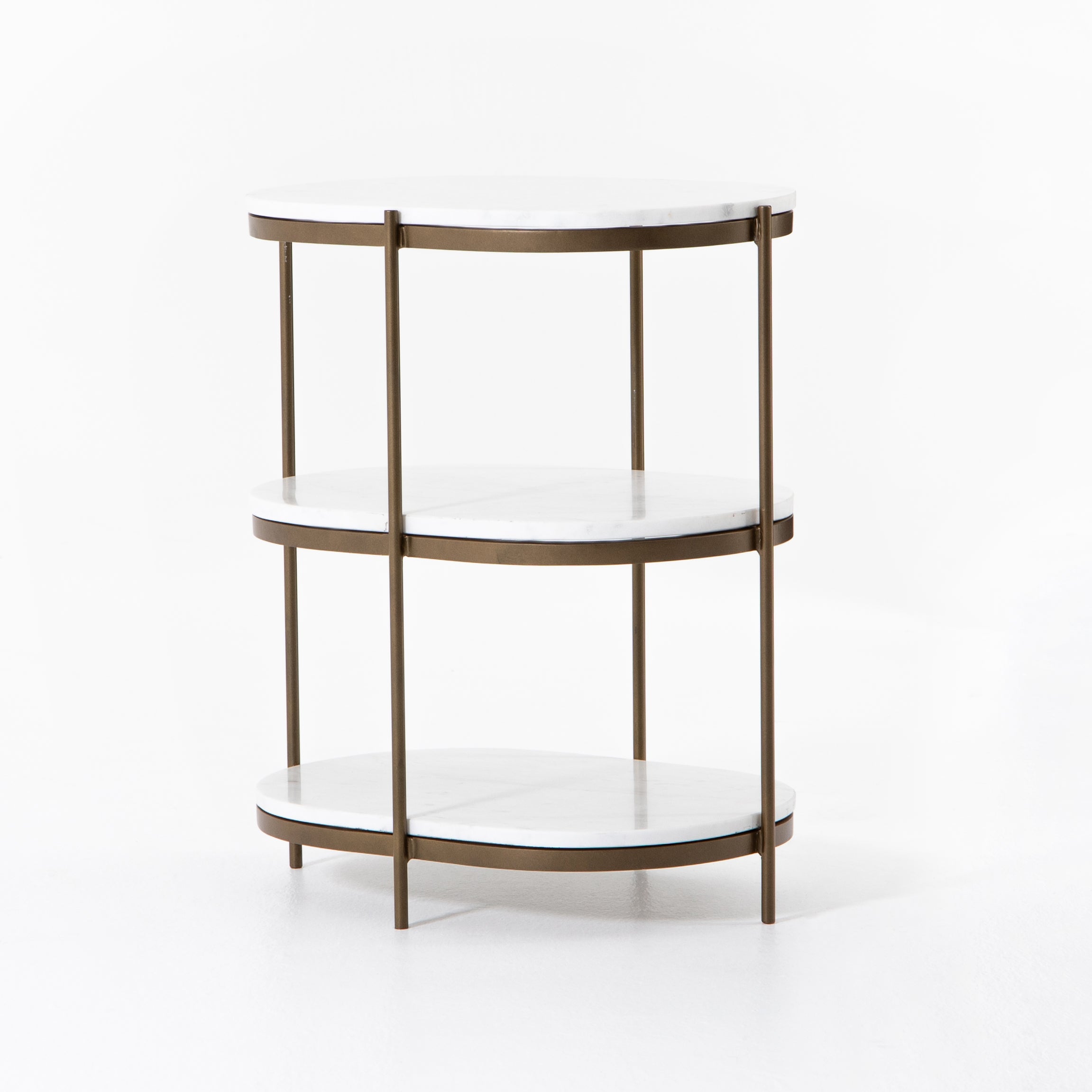 Felix Oval Nightstand Polished White Marble / Antique BrassNightstands Four Hands  Polished White Marble Antique Brass  Four Hands, Burke Decor, Mid Century Modern Furniture, Old Bones Furniture Company, Old Bones Co, Modern Mid Century, Designer Furniture, https://www.oldbonesco.com/