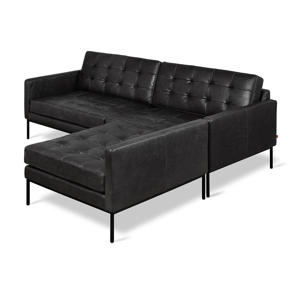 Towne Bi-Sectional Canyon Whiskey Leather / BlackSectiona Sofa Gus*  Canyon Whiskey Leather Black  Four Hands, Burke Decor, Mid Century Modern Furniture, Old Bones Furniture Company, Old Bones Co, Modern Mid Century, Designer Furniture, https://www.oldbonesco.com/