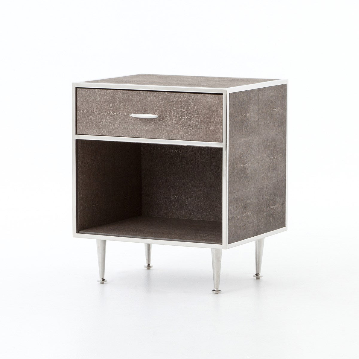 Shagreen Bedside Table Stainless SteelTable Four Hands  Stainless Steel   Four Hands, Burke Decor, Mid Century Modern Furniture, Old Bones Furniture Company, Old Bones Co, Modern Mid Century, Designer Furniture, https://www.oldbonesco.com/