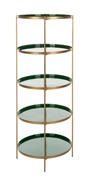 Tia Round 5 Tier Etagere Hunter Green / BrassBookshelf Safavieh  Hunter Green / Brass   Four Hands, Burke Decor, Mid Century Modern Furniture, Old Bones Furniture Company, Old Bones Co, Modern Mid Century, Designer Furniture, https://www.oldbonesco.com/