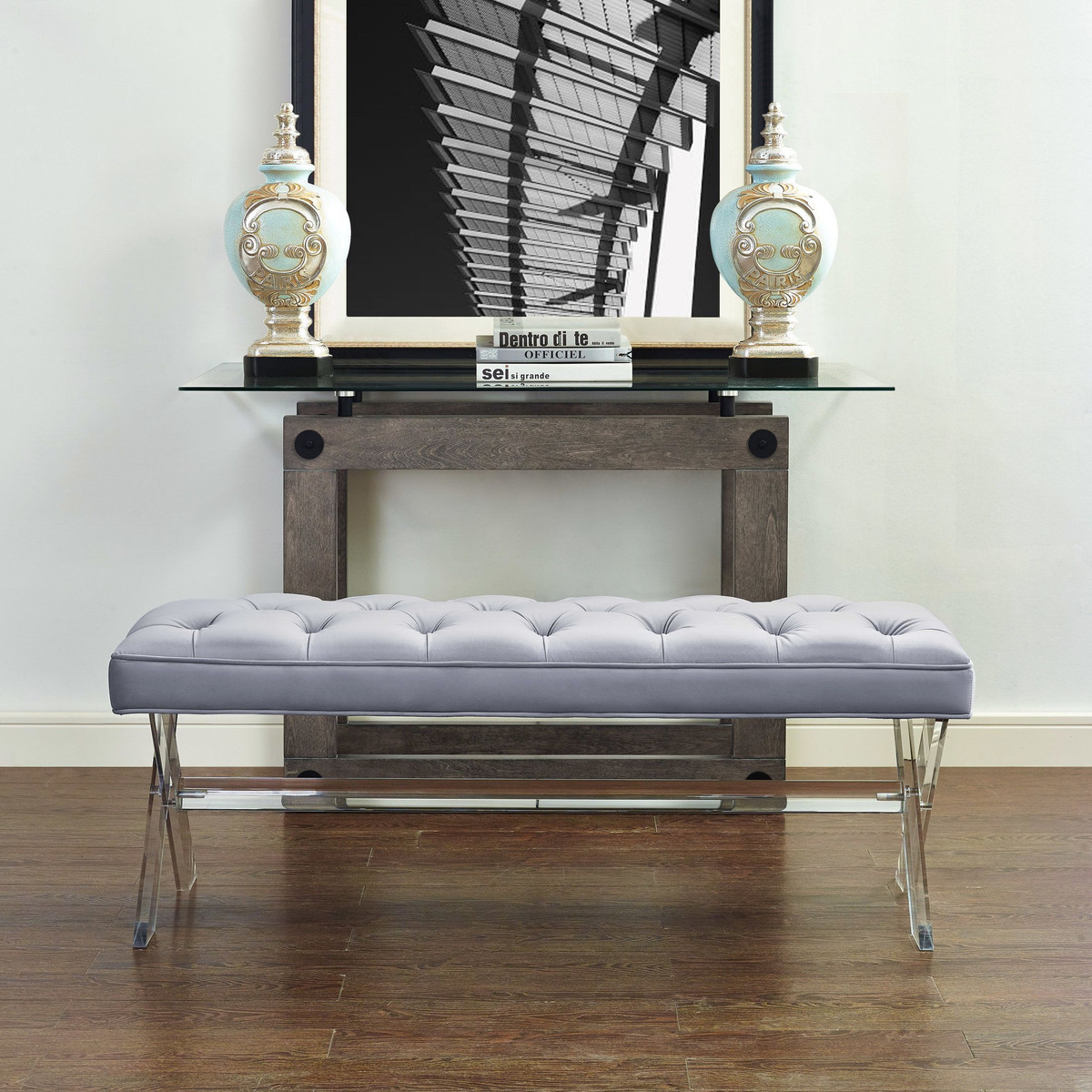 Claira Lucite Bench Bench TOV Furniture     Four Hands, Burke Decor, Mid Century Modern Furniture, Old Bones Furniture Company, Old Bones Co, Modern Mid Century, Designer Furniture, https://www.oldbonesco.com/