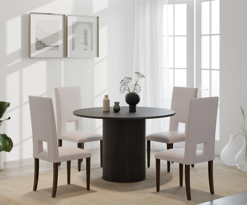 Nola Dining Table 47″ Round Black Oak Dining Table Unique Furniture     Four Hands, Mid Century Modern Furniture, Old Bones Furniture Company, Old Bones Co, Modern Mid Century, Designer Furniture, https://www.oldbonesco.com/