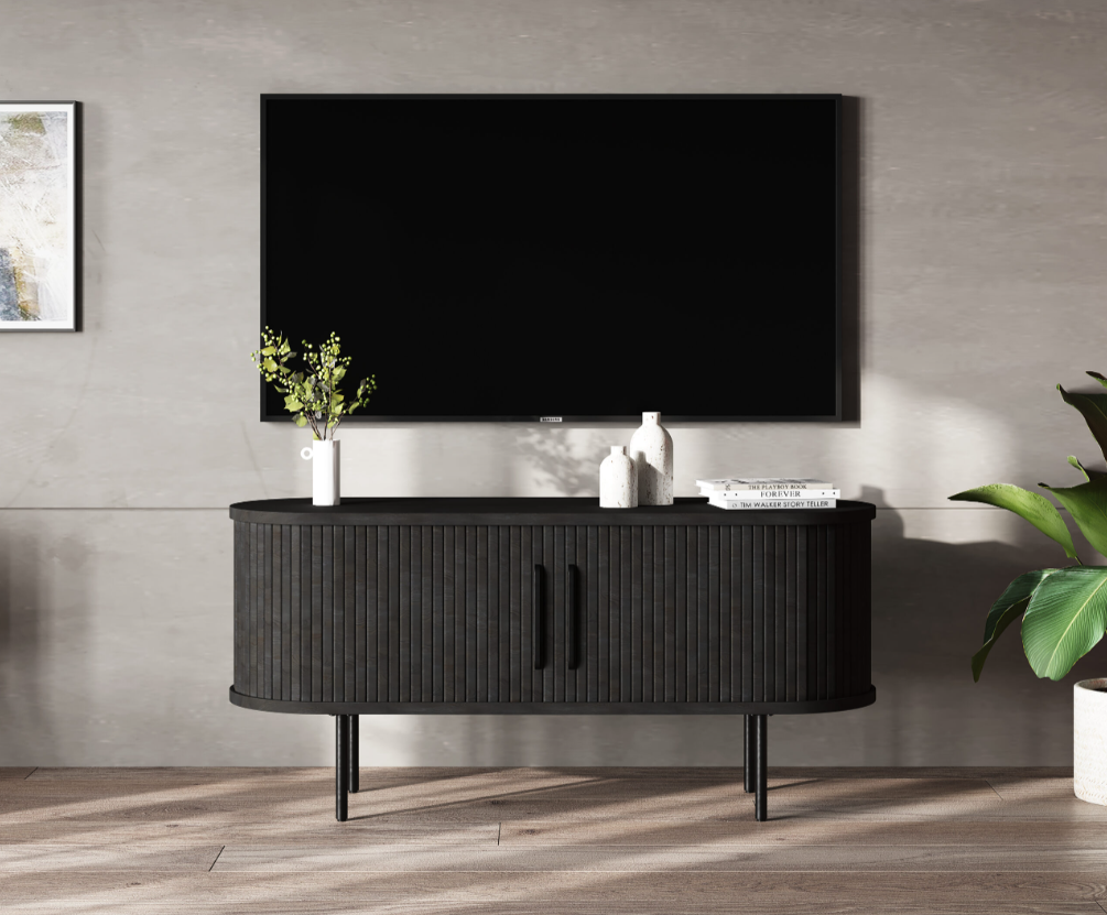 Nola TV Lowboard 47″ Black Oak Media Unit Unique Furniture     Four Hands, Mid Century Modern Furniture, Old Bones Furniture Company, Old Bones Co, Modern Mid Century, Designer Furniture, https://www.oldbonesco.com/